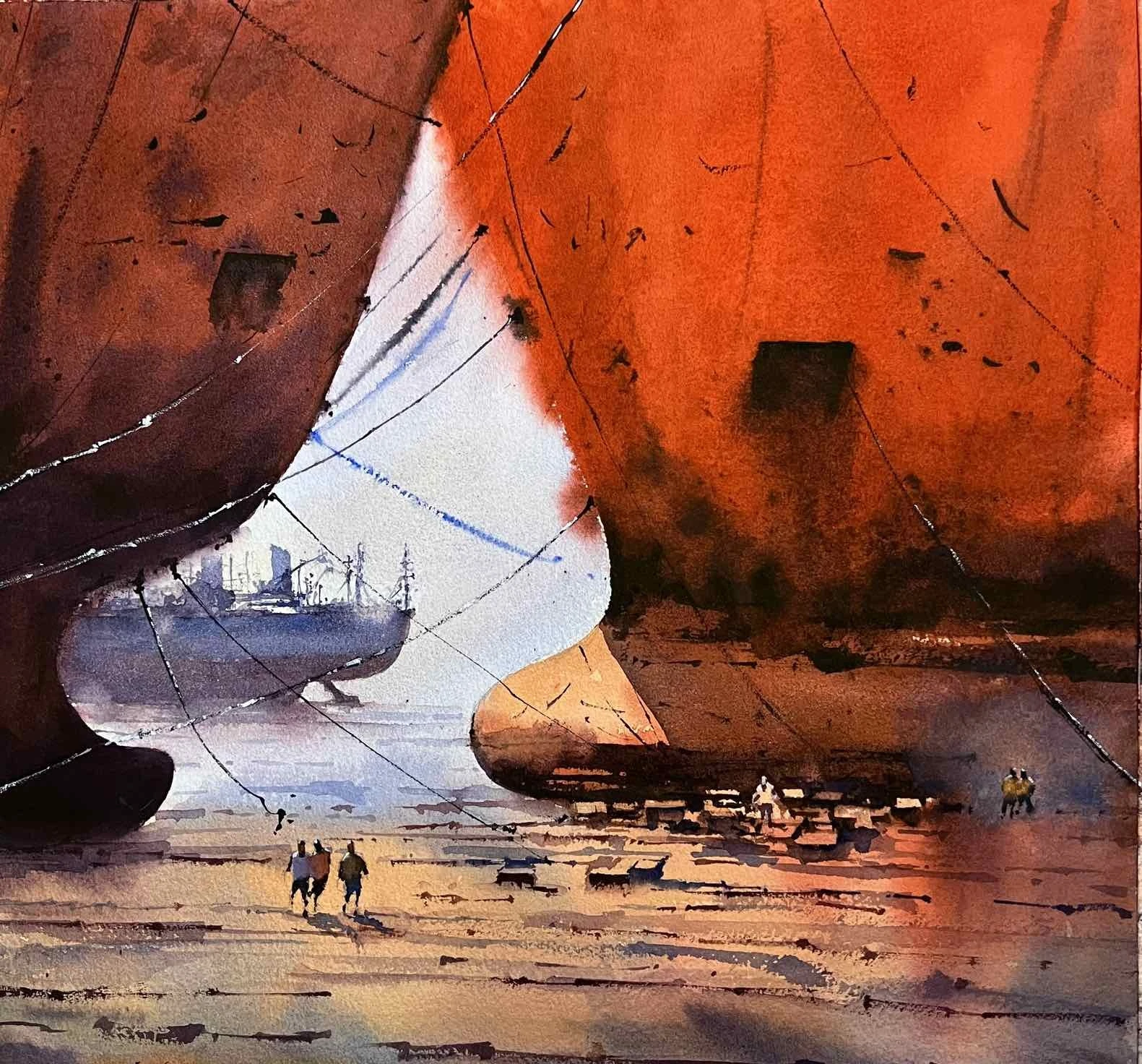 Ship Breaking Yard I — watercolour on paper by Rasedul Islam Riad