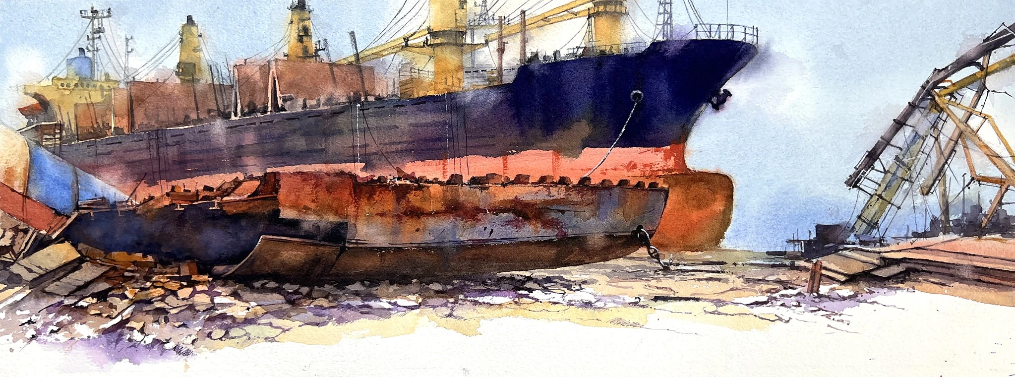 Ship Breaking Yard III — watercolour on paper by Rasedul Islam Riad